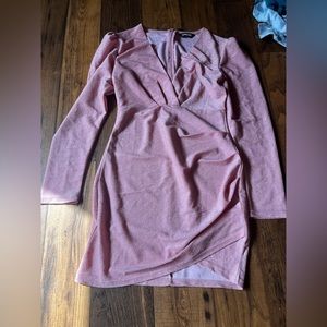CHICME pink ruched sparkly dress - long sleeve, cocktail, glittery, stretchy